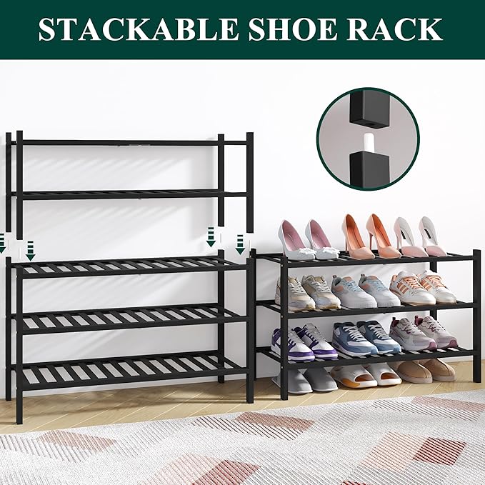 Smiry Bamboo Shoe Rack for Closet, 2 Tier Wooden Stackable Shoe Organizer, Free Standing Shoes Storage Shelf for Entryway, Fr