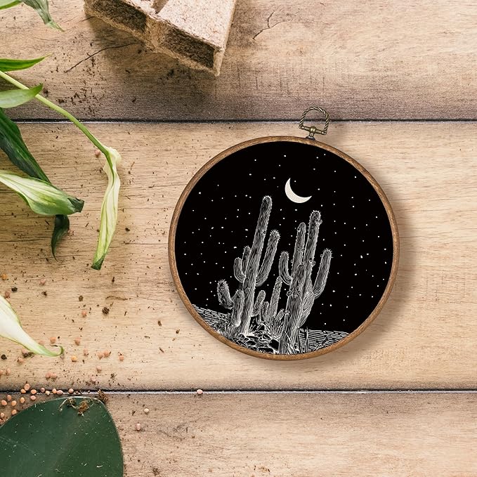 KSDUT Black Cactus Wall Art Decor - Western Wall Art Canvas Frame Hanging Prints, Vintage Southwestern Desert Eclectic Round 