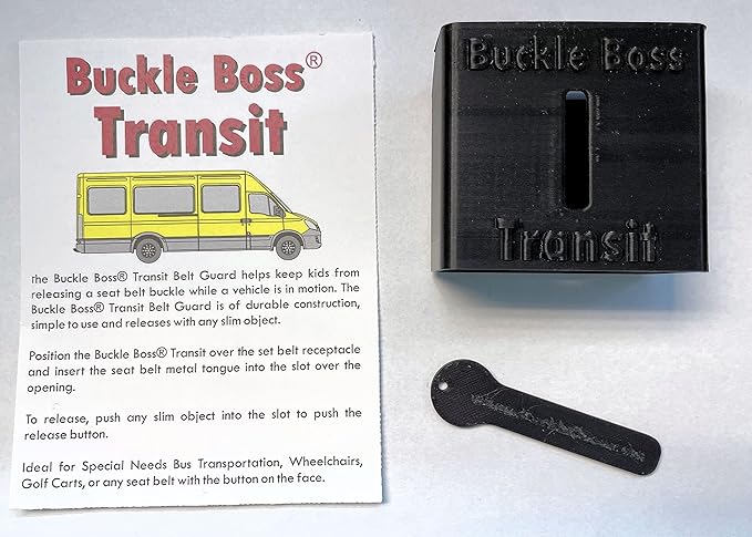 Buckle Boss Transit – Seat Belt Guard for Front-Facing Button Belts – Compatible with School Buses, Wheelchairs, Golf Carts