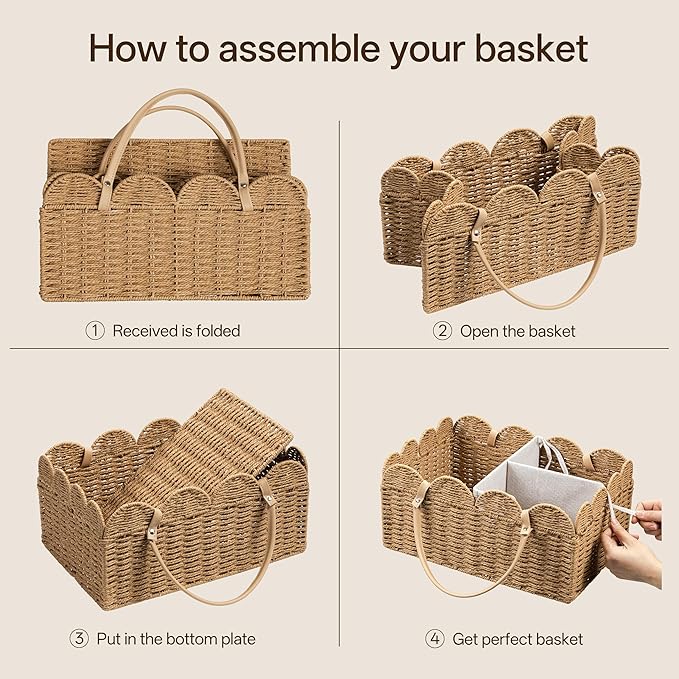 HBlife Large Baby Diaper Caddy, Paper Rope Scalloped Storage Baskets Nursery Bin with Removable Divider, Portable Car Organiz