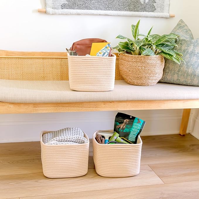 NaturalCozy Storage Cubes 9”x9”x7”Cotton Rope Woven Baskets for Organizing 3-Pack | 9 Inch Cube Storage Bin | Small Basket fo