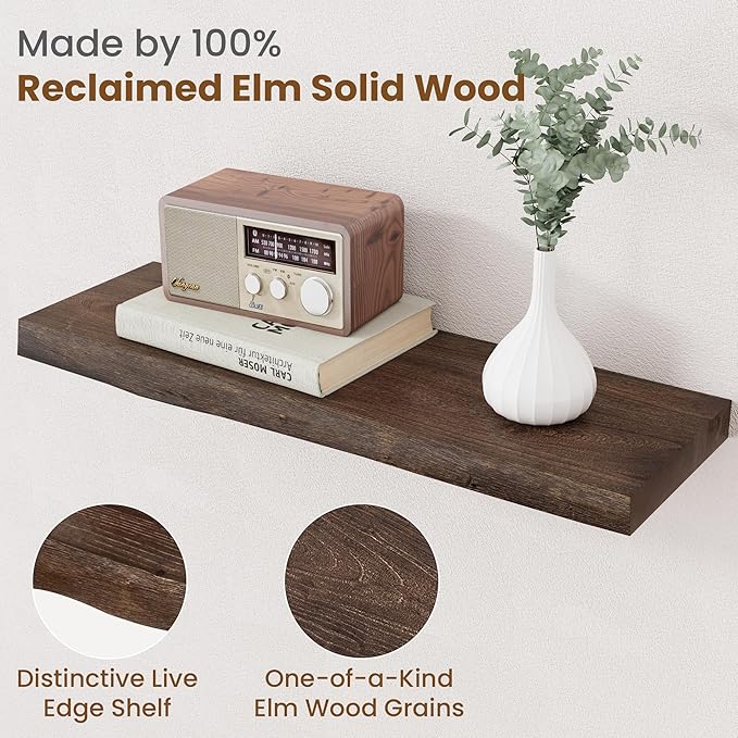 Floating Shelves for Wall Decor, Rustic Solid Elm Wood Live Edge Floating Shelves Wall Mounted, Wall Shelves with Invisible B