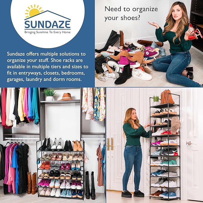 Sundaze Shoe Rack - 4 Tier Shoe Rack for Closet, Sturdy Stackable Shoe Organizer for Closet, Bedroom, Entryway, Garage, Non W