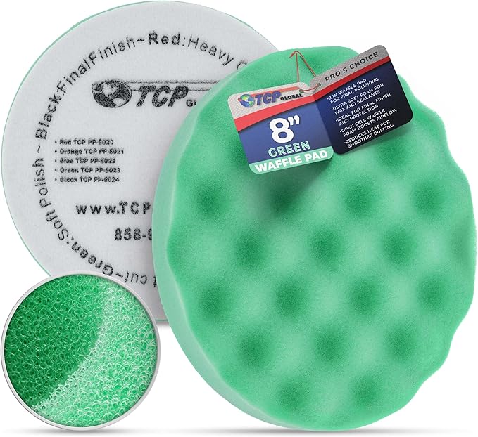 TCP Global 8" Green Waffle Foam Buffing Pad Hook and Loop Backing - Final Cut Pad for Polishing, Automotive, Marine, Truck, RV & Compound Cutting, Car Polishing Pads