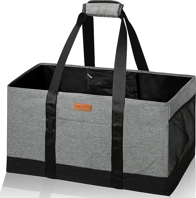WONDAY Extra Large Foldable Grocery Tote Bag With Handles for Storage, Picnics, Beach, Pool, Laundry - Reusable Shopping Bag (Grey)