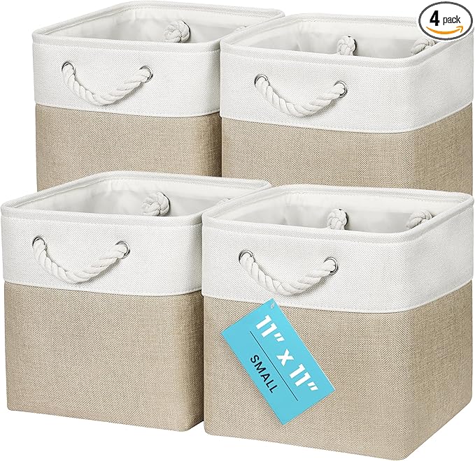 OrganiHaus 11x11 Cube Storage Bins 4 Pack, Foldable Cube Storage Organizer w/ Rope Handles, Collapsible Fabric Bins for Toys,