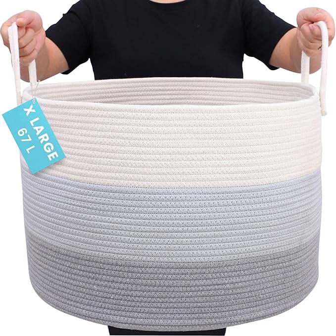OrganiHaus Large Woven Storage Basket for Blankets and Toys 20" x 13" Inch, Rope Laundry Basket with Handles, Cushions & Pill