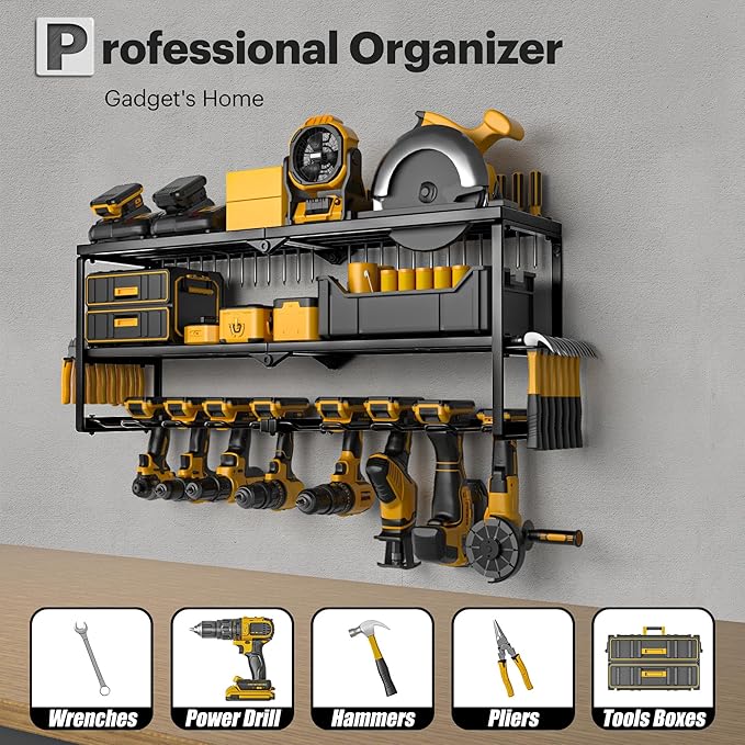 Spampur Power Tool Organizer Wall Mount, 15 Min Assembly & Maximum 100lb load by Heavy Duty Metal, 8 Drill Holder, 3 Layers G