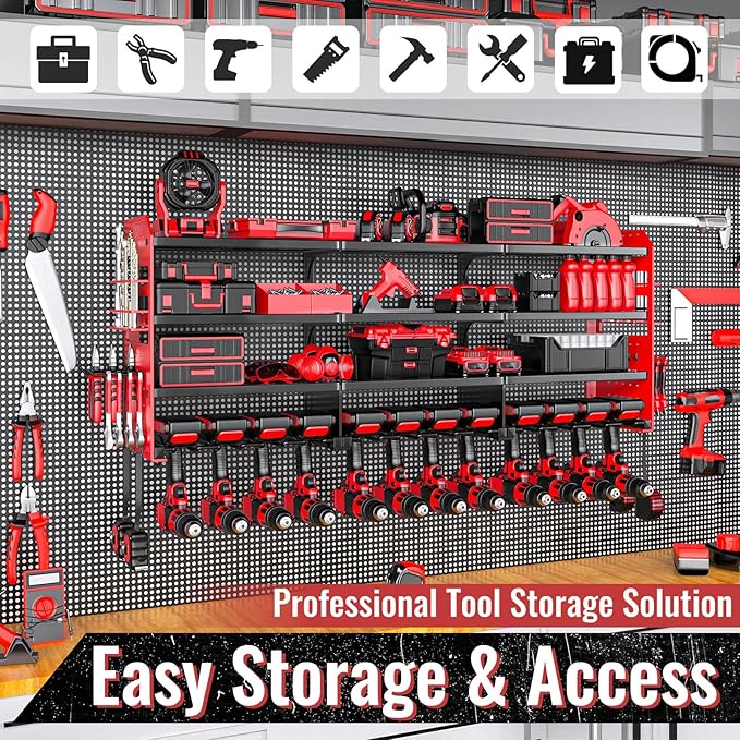 Large Power Tool Organizer Wall Mount-12 Drill Holder, Metal Heavy Duty Garage Tool Storage Shelves with Screwdriver Plier Ho