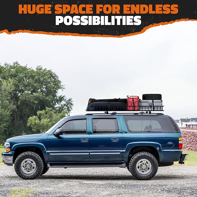 Mockins 90"x50"x6" XXL Heavy Duty Roof Rack Cargo Carrier for Top of Vehicle Storage | 250 Lbs. Cap Steel Car Roof Basket Set w/Straps | All-Weather Rooftop Cargo Carrier for SUV, RV & Large Vehicles