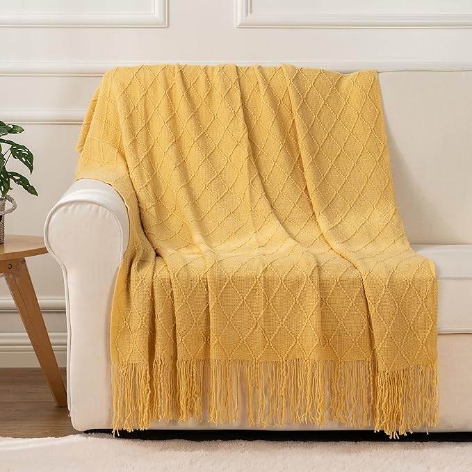 BATTILO HOME Yellow Throw Blanket with Fringe, Gold Bed Throws Spring Decorative Large Throw for Couch Sofa Indoor Outdoor (Y