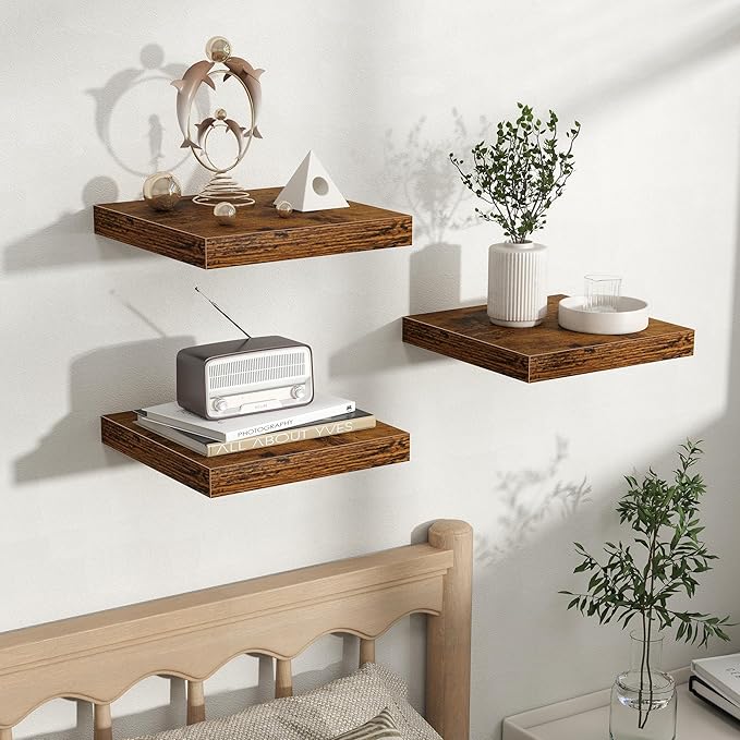 Fun Memories Floating Shelves for Wall, Rustic Wood Wall Mounted Shelves for Bathroom, Bedroom, Living Room and Kitchen, Stor