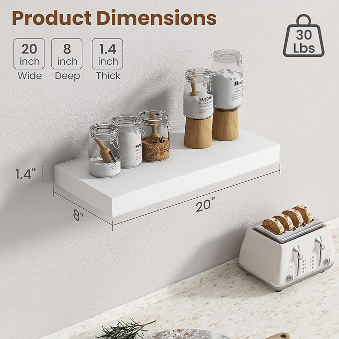 20 Inch Floating Shelves for Wall, 8 Inch Deep Floating Shelf for Storage & Display, Rustic Wall Mounted Shelf with Invisible