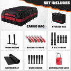 Mockins 45 CuFt XL Waterproof Rooftop Cargo Carrier Bag | 75"x48"x22" Heavy-Duty Car Roof Cargo Carrier for Use with or Without Roof Rack | All-Weather Car Bag with Mat, Lock, Hooks, Straps & Case