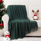 BATTILO HOME Christmas Décor Green Throw Blanket with Fringe, Geometric Bed Throws Dark Green Throws Decorative Throw Blanket