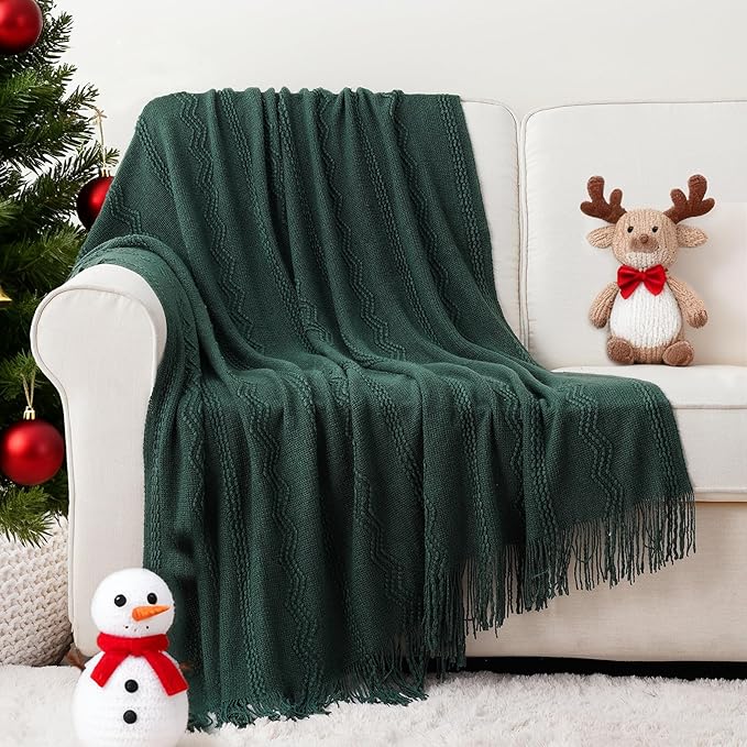 BATTILO HOME Christmas Décor Green Throw Blanket with Fringe, Geometric Bed Throws Dark Green Throws Decorative Throw Blanket
