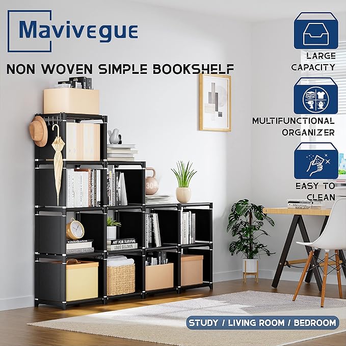 Mavivegue Book Shelf, 12 Cube Storage Organizer, DIY Bookcase, Metal Bookshelf,Tall Book case for Bedroom, Living Room,Office
