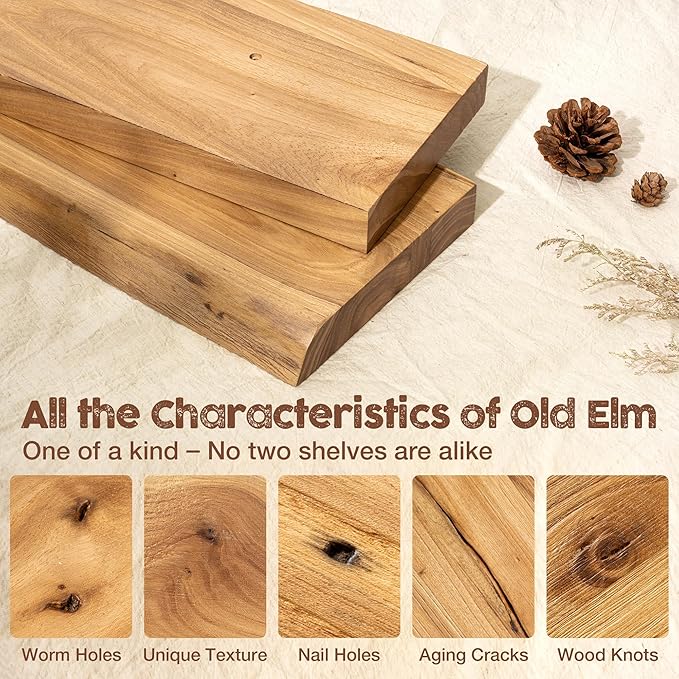 fuqing Live Edge Floating Shelves for Wall 48 inch, 8 Inch Deep Solid Elm Wood Floating Wall Shelves - Rustic Wooden Shelves 