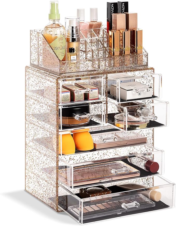 Sorbus Acrylic Makeup Organizer Set, 7-Drawer Vanity & Countertop Cosmetic Storage with Small & Wide Compartments, Glitter Ma