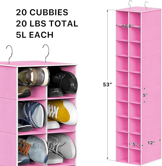 Simple Houseware 20 Section Shelves Hanging Shoes Organizer Holder for Closet, Pink