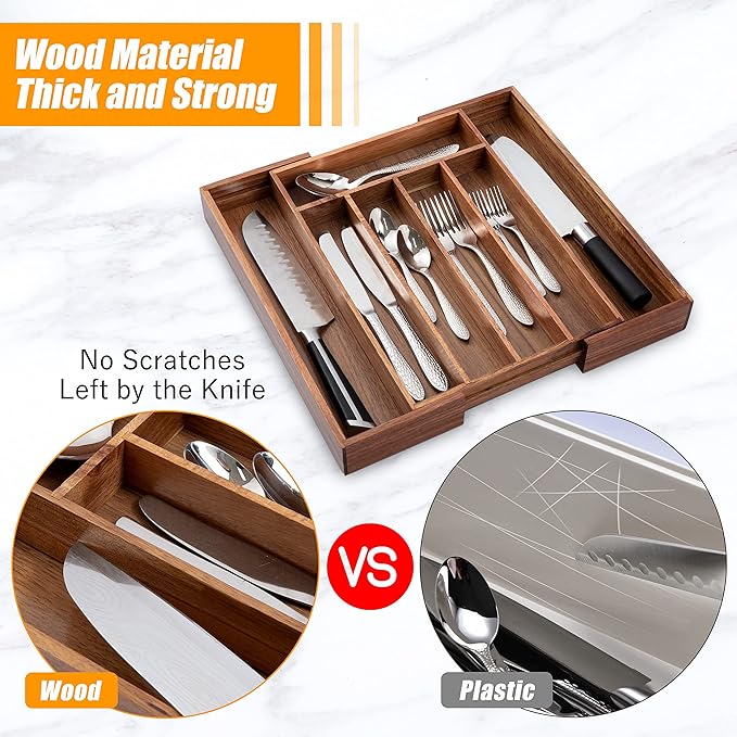 Bellsal Acacia Silverware Organizer Kitchen Drawer Organizer Expandable Bamboo Utensil Holder Cutlery Tray for Kitchen Utensi