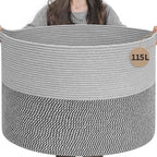 INDRESSME 115L Extra Large Blanket Basket, Cotton Rope Basket for Nursery Living Room, Decorative Woven Storage Baskets with 