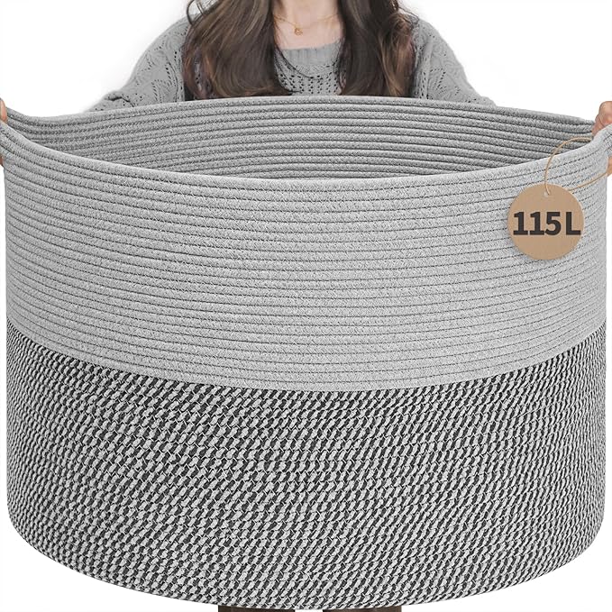 INDRESSME 115L Extra Large Blanket Basket, Cotton Rope Basket for Nursery Living Room, Decorative Woven Storage Baskets with 