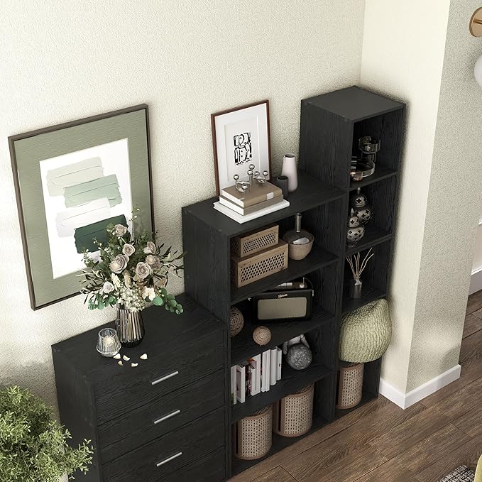 Homes: Inside + Out Apexa 3-Cube Storage Organizer Shelves, Stackable Wood Bookcase Fits Cubby Bins for Organization, Dorm Te