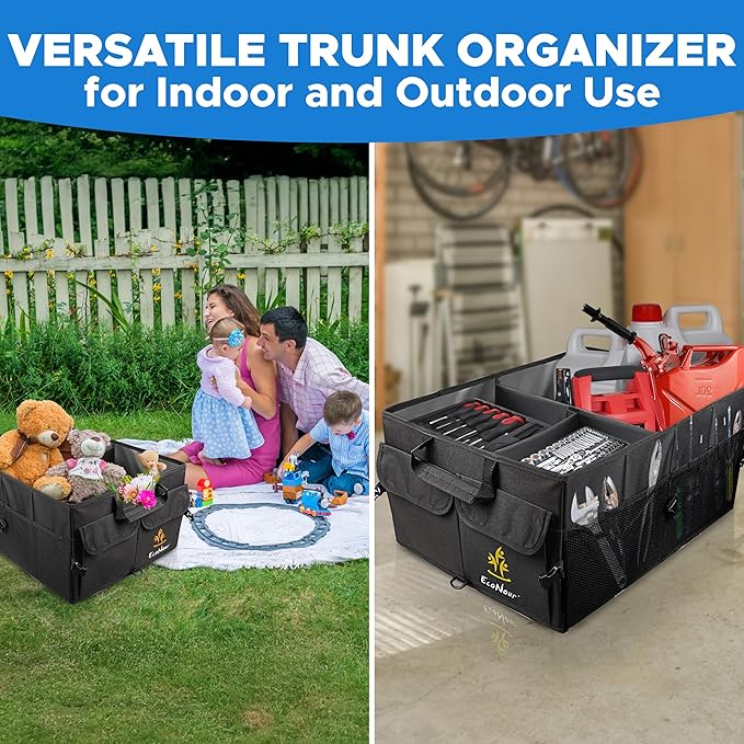 EcoNour Trunk Organizer for Car | SUV Collapsible Cargo Storage Box with Detachable Dividers, Mesh Pockets & Adjustable Straps
