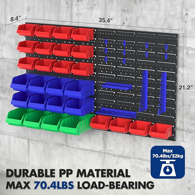 WORKPRO Pegboard Organizer Wall Mounted, 44PC Tool Storage Rack with Bins and Hooks, Peg Board Wall Organizer for Garage Orga