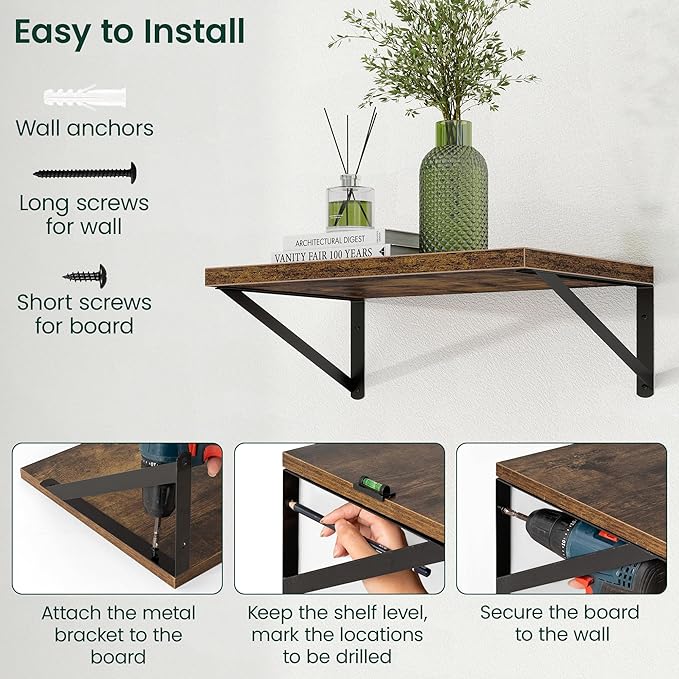 Floating Shelves, 12 Inch Deep Rustic Wood Wall Storage, 24W x 12D Wall Shelves Set of 2, Heavy Duty Metal Brackets, Large In