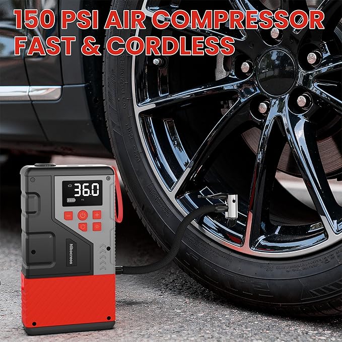 Portable Car Jump Starter with Air Compressor for Emergencies,3000A Peak and 150 PSI Max,for 12L Gas & 10L Diesel