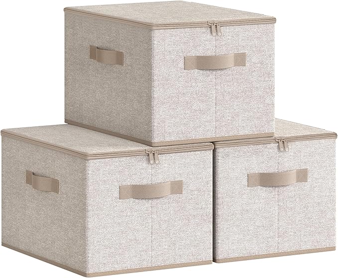 SONGMICS Foldable Storage Organizer Boxes, Set of 3 Storage Basket Bins with Lids, Handles, Clothes Organizer, 15.7 x 11.8 x 