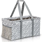 Extra Large Utility Tote Bag, Oversized Collapsible Reusable Wire Frame Rectangular Canvas Basket With Two Exterior Pockets For Beach, Pool, Laundry, Car Trunk, Storage - Geo Grey