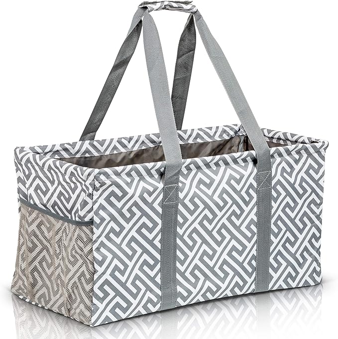Extra Large Utility Tote Bag, Oversized Collapsible Reusable Wire Frame Rectangular Canvas Basket With Two Exterior Pockets For Beach, Pool, Laundry, Car Trunk, Storage - Geo Grey