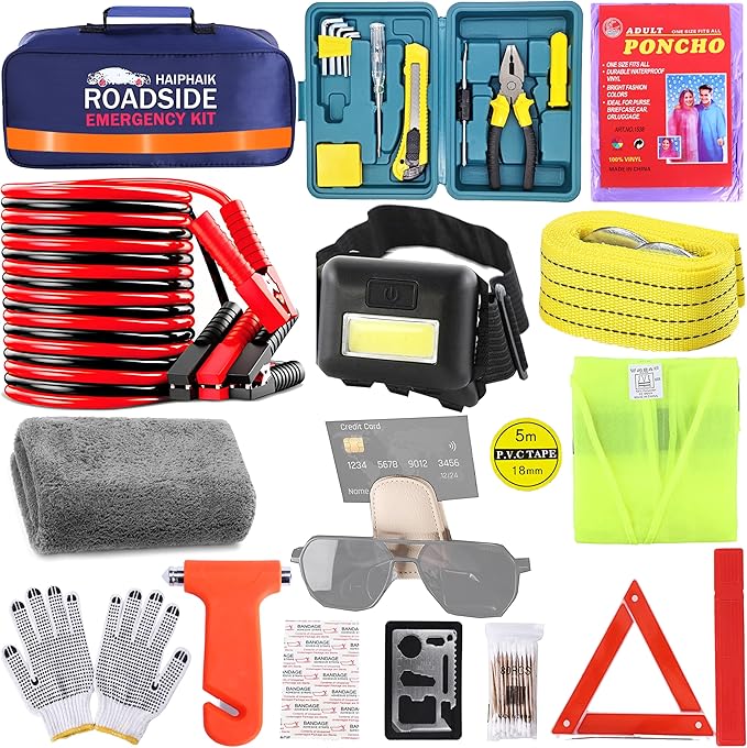Emergency Roadside Kit for Car,Emergency Kits for Vehicles,Jumper Cables headlamps car Glasses Holder,Roadside Emergency Kit 