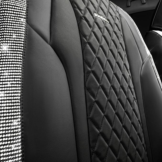 CAR PASS Bling Leather Car Seat Covers & Black Nappa Leather Calfskin Seat Cushioned Protector, Waterproof Anti-Slip Universa