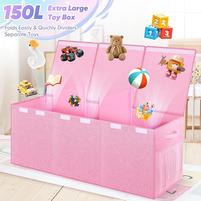 Mabahoo Extra Large Toy Box, Toybox for Kids Boys Girls, Collapsible Sturdy Toy Storage Organizer with Mesh Pockets, 40"x14"x