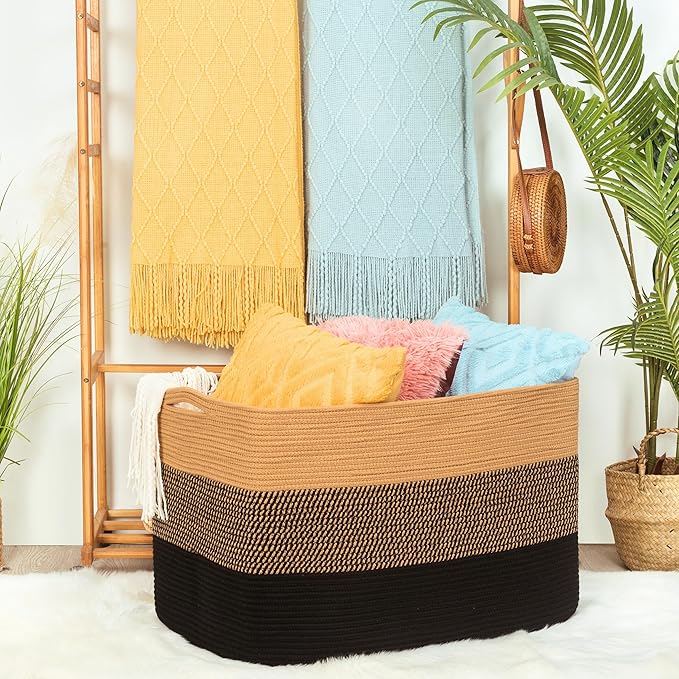 MINTWOOD Design 112L Extra Large Blanket Basket Holder Living Room, 25"x17"x16" Rectangle Rope Woven Storage Basket with Hand