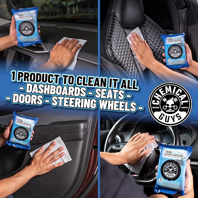 Chemical Guys Total Interior Cleaner & Protectant Wipes – 50 Pack Multi Surface Car Interior Cleaning Wipes for Dashboards, D