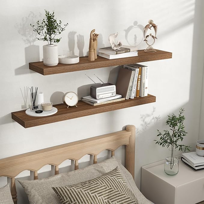Fun Memories Rustic Wood Floating Shelves for Wall, Space-Saving Wall Mounted Shelves for Bathroom, Bedroom, Living Room and 