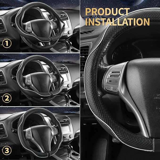 Leather Car Steering Wheel Cover,Anti-Slip, Safety,Soft,Breathable,Heavy Duty,Thick,Full Surround, Sports Style,Universal Car