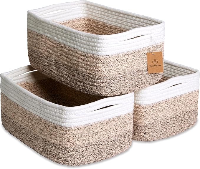 NaturalCozy 13.5”x8.5”x5.5” Storage Baskets for Shelves 3 Pack | Cotton Rope Woven Small Baskets for Organizing | Small Stora