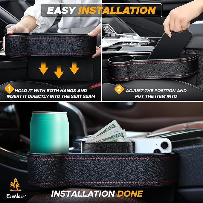 EcoNour Car Seat Gap Filler with Cup Holder (25.4 x 15.2 cm) | Auto Console Organizer in Between Front Seats for Holding Phone, Drink and Cards | Travel Accessories with 2 Headrest Hooks
