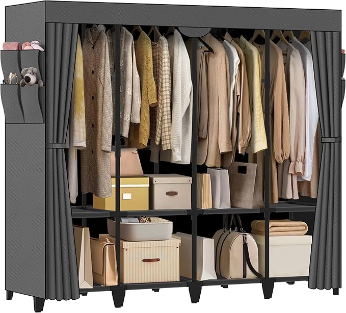 Wardrobe Closet, Quick and Easy Assembly, Gray Large Capacity Portable Closet with 4 Hanging Rods 8 Storage Shelves and 8 Sid