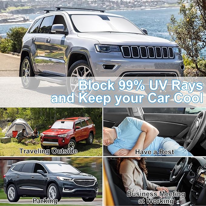 3PCS Car Window Shades Front Windshield Sun Shade Foldable Window Shade Custom Fit for 2011-2019 Jeep Grand Cherokee Accessories Car Shades for Front Windows Anti-UV Rays Block Heat