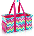 Extra Large Utility Tote Bag - Oversized Collapsible Reusable Wire Frame Rectangular Canvas Basket With Two Exterior Pockets For Beach, Pool, Laundry, Car Trunk, Storage - Chevron Multi