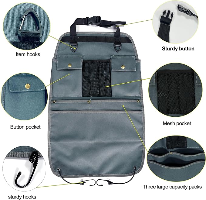 Car Seat Back Organizer with Multiple Pockets and Hooks (grey)