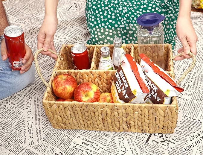 Wicker Divided Storage Basket Woven Natural Basket Hyacinth for Organizing Bathroom Kitchen Shelves Office Supplies Organizat