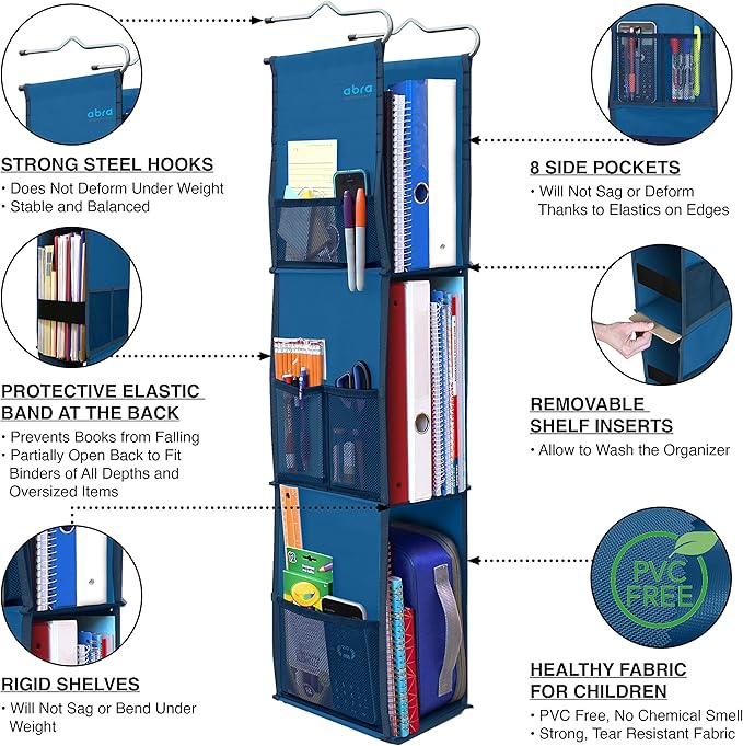 ABRA® 3 Shelf Hanging Locker Organizer for School, Gym, Work, Storage | Wide Shelves 6.5”x 9”| Eco-Friendly Fabric Healthy fo